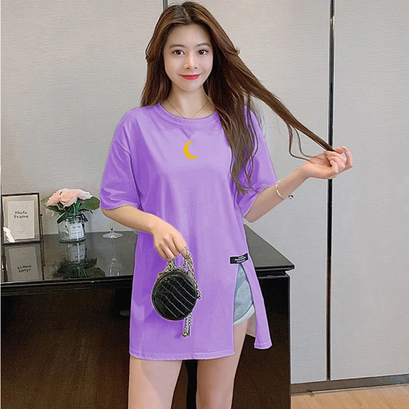 

2021 Summer Fashion All-match Moon Graphic Print Casual Short Sleeve Women T Shirt Split Fork Oversized Clothing Girls Harajuku