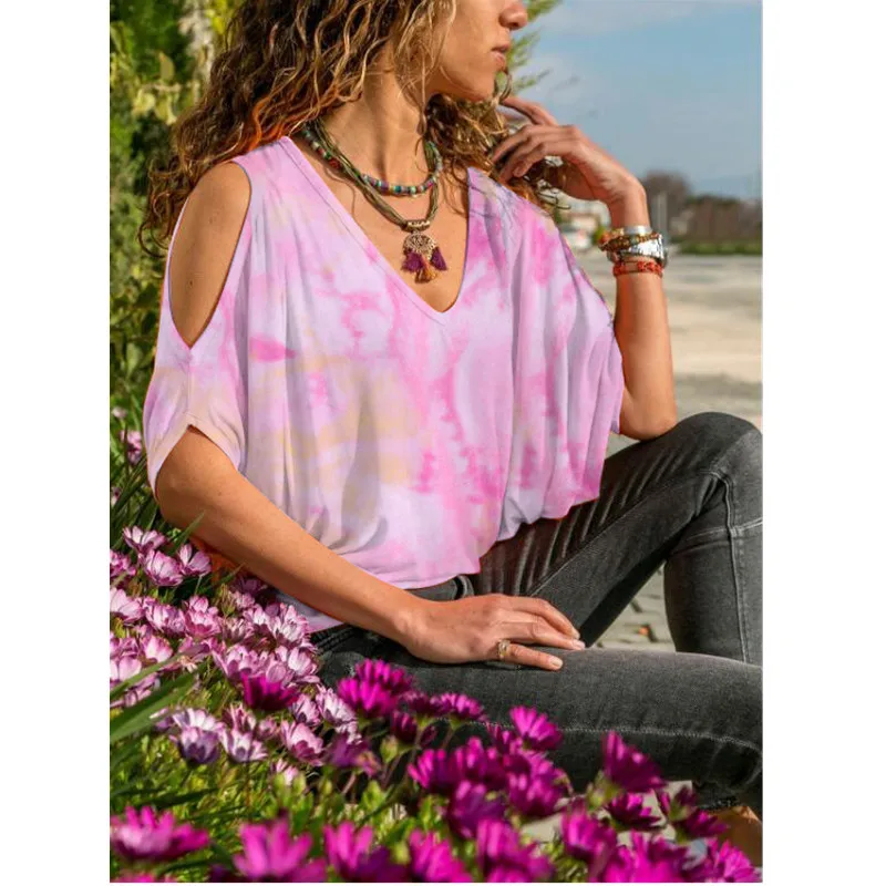 

2021 New Womens Summer Tie Dyed Fiower Fasion Sexy Off Shoulder Short Sleeve Loose V Neck Colours Pullover Blouse