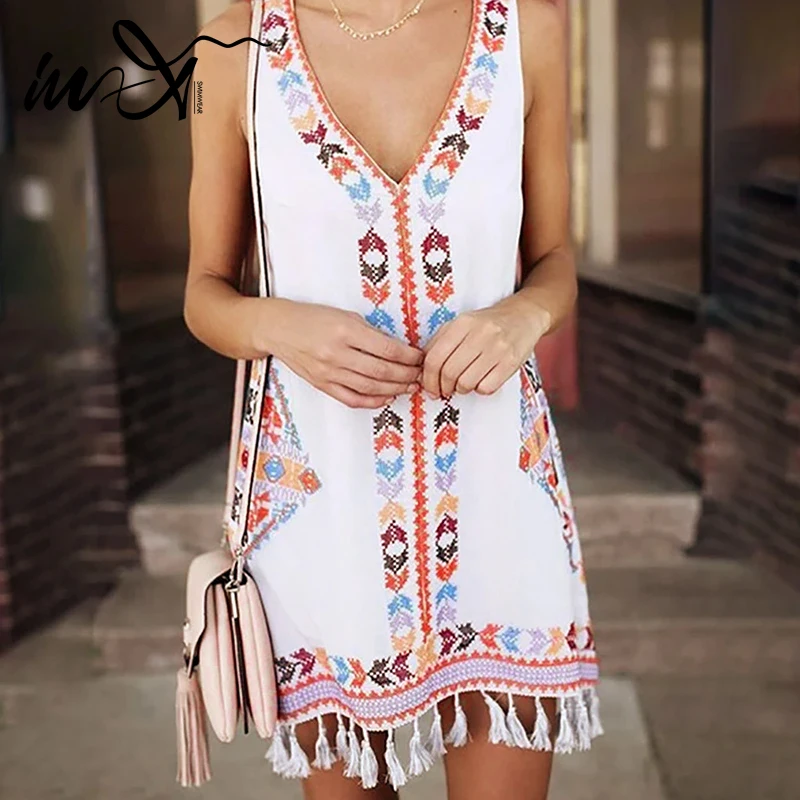 В-X Boho кисточкой пляжное платье женские летние пикантные туфли на танкетке с