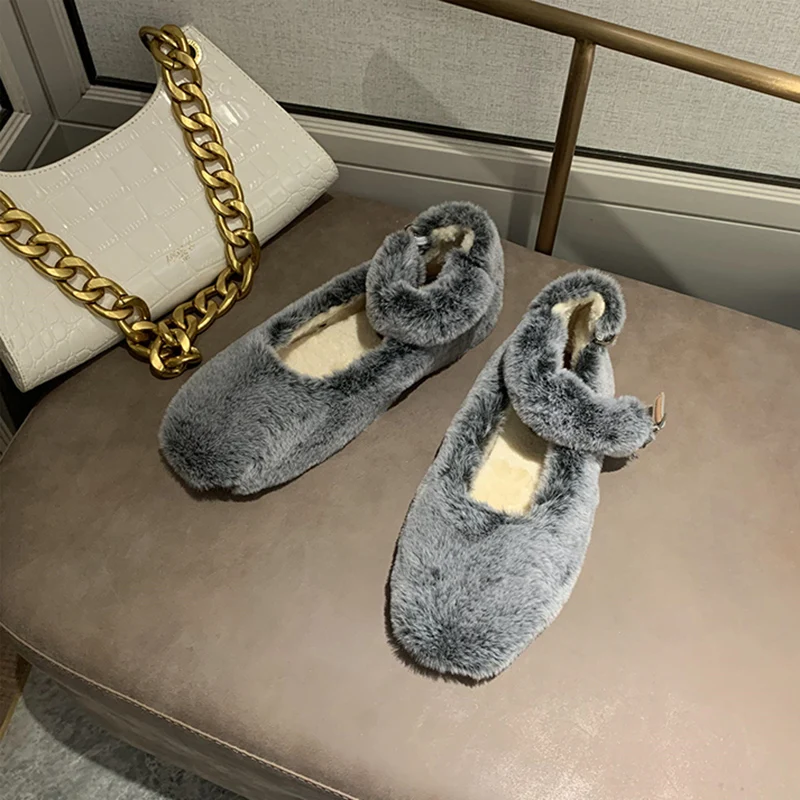 Женские Меховые Туфли Мэри Джейн на ремешке с пряжкой и круглым носком Зимние