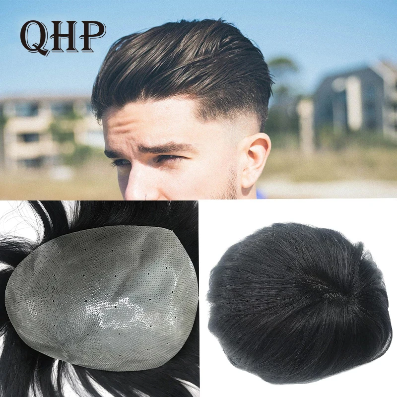 QHP Men Toupee 100% Indian Human Hair Men's Capillary Prothesis V Loop  Replacement System 6 Inch Natural Hairpiece Wigs For Man