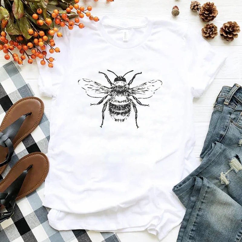 

Сохраните пчелы печатных футболка одежда для улицы; Одежда для женщин топ Графический черного цвета для повседневного ношения, хлопковая Ф...