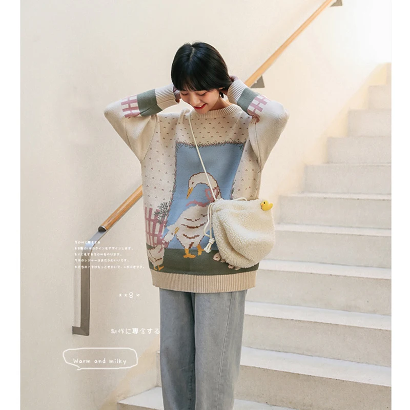 Spring New Retro Farm Duckling Jacquard O-neck Pullover Sweater Women's Suitable For Teenage Girls Tops | Женская одежда
