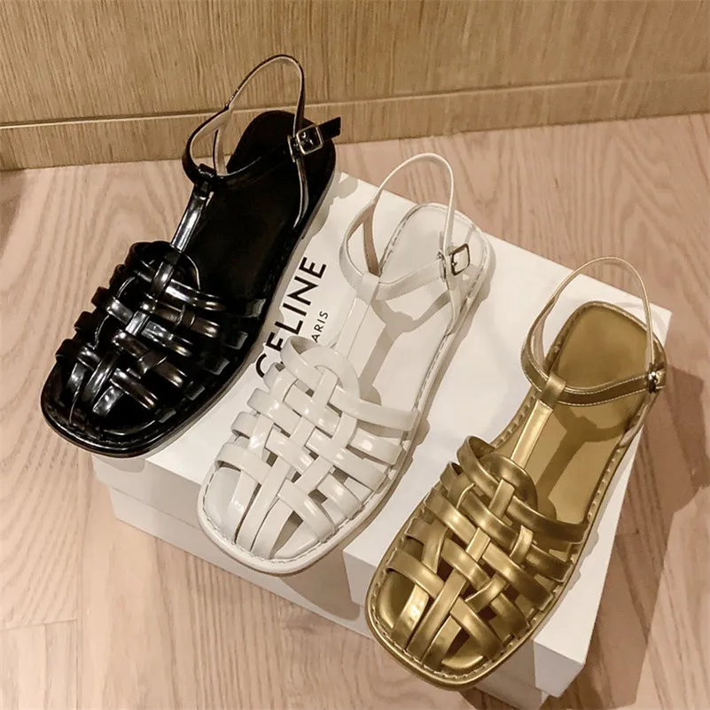 

ANNYMOLI Women Gladiator Sandals Shoes Flat Buckle Sandals Square Toe Ladies Footwear Summer Black Gold Size 33-40 Fashion Shoes