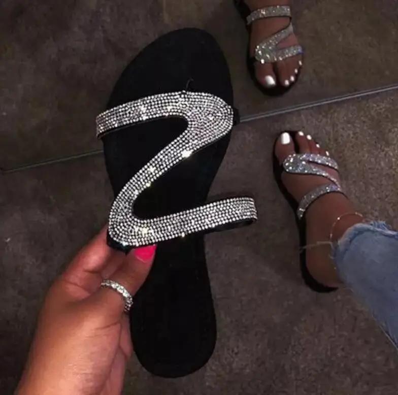 Шлепанцы стразы женские с открытым носком римские пляжные сандалии пикантные