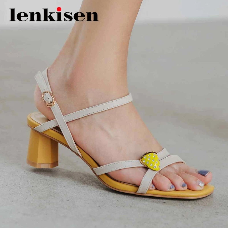 

Lenkisen french romantic strawberry decorations mixed colors maiden square toe med strange heel buckle straps summer sandals L47