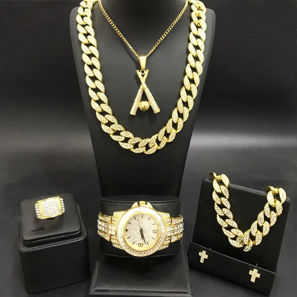 Роскошные мужские часы золотого цвета, ожерелье, браслет, кольцо и серьги, комплект часов в кристаллах, Кубинский ожерелье, цепочка