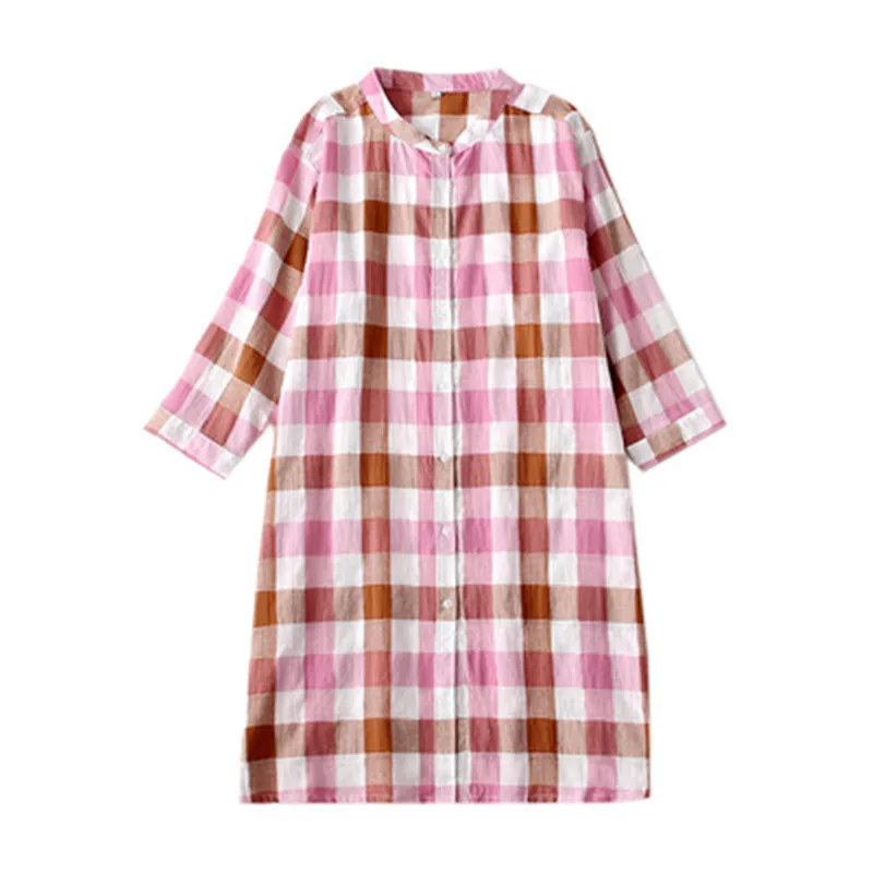 

Клетчатая рубашка, повседневная одежда для сна, Женская домашняя одежда из 100% хлопка, большой размер, длинный рукав, v-образный вырез, ночная ...