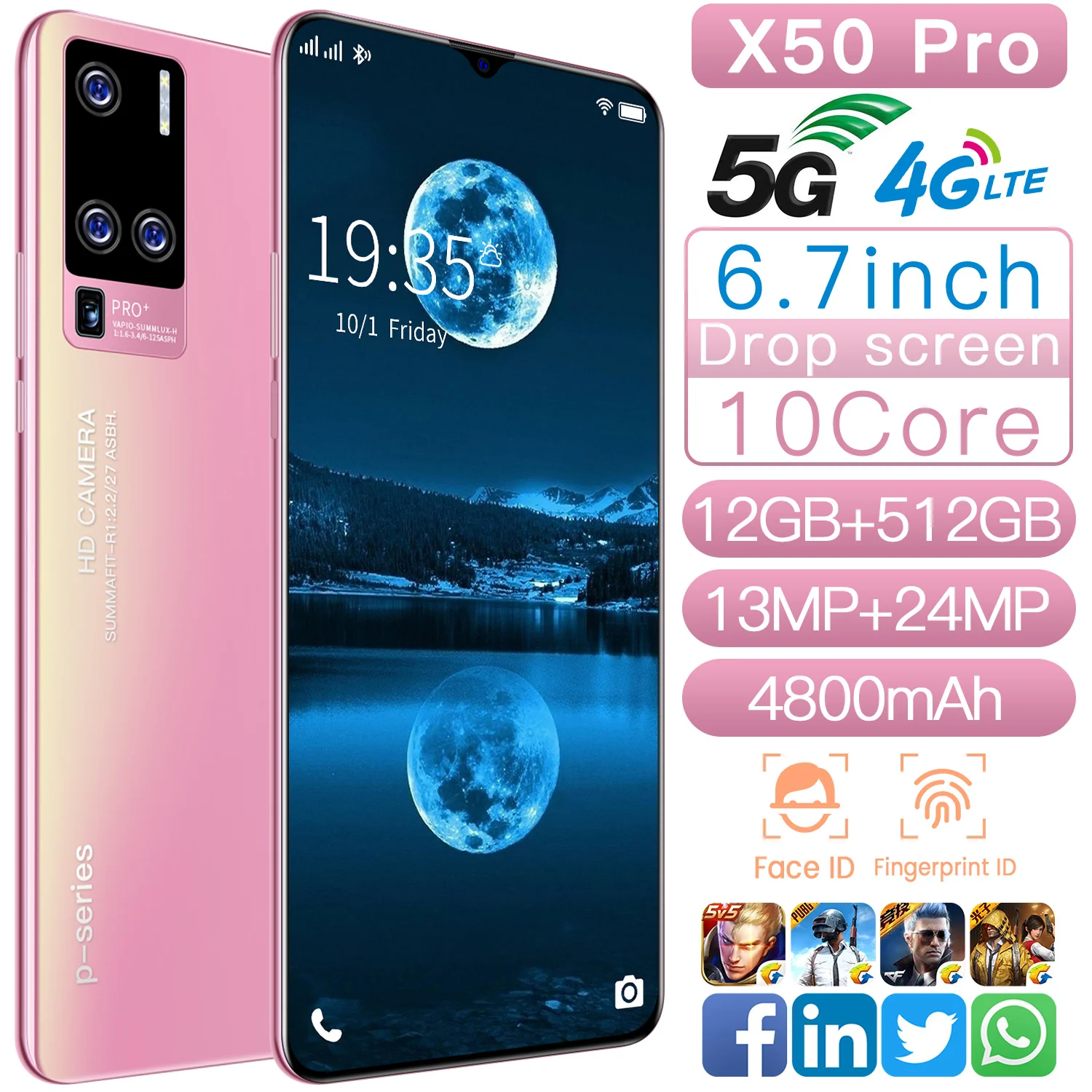 

X50 Pro 6.7 Inch 256/512GB 13+24MP Deca Core Andriod Phones 4800mAh Face Fingerprint Unlock Smartphones MTK6792 Pink Celular