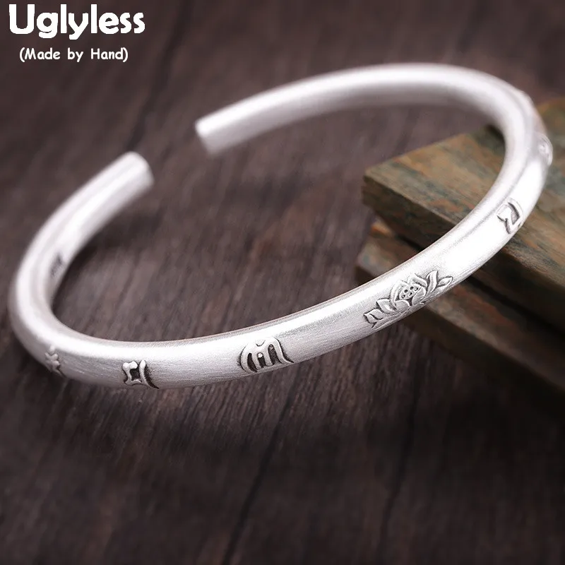 

Uglyless Real 999 Pure Silver Bangles for Women Buddhistic Mantra Open Bangles Thai Silver Lotus Fine Jewelry Religious BA747
