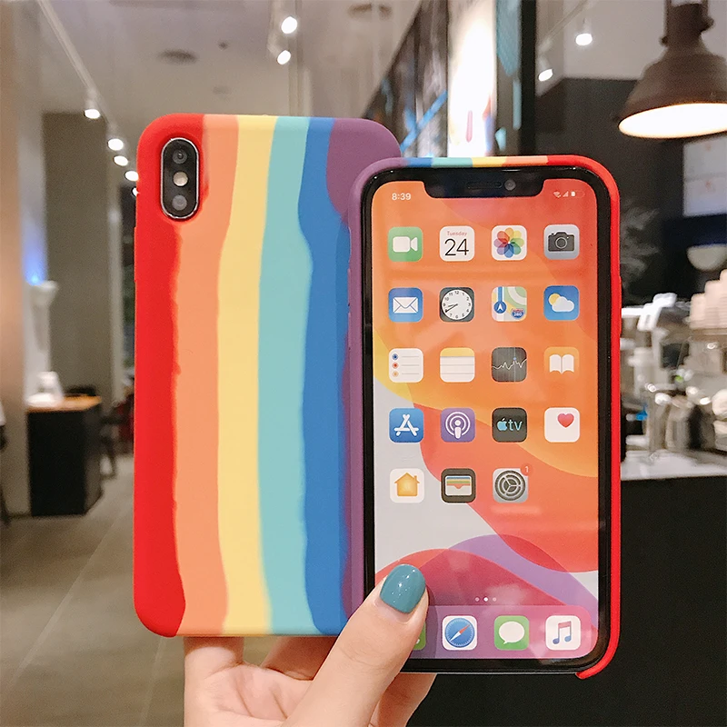 

Rainbow Liquid Anti Falling Silicone Case IPhone 7 8 Plus Back Cover IPhone 11 Pro X XS Full Package 12 Mini 6 Phone Case Cute