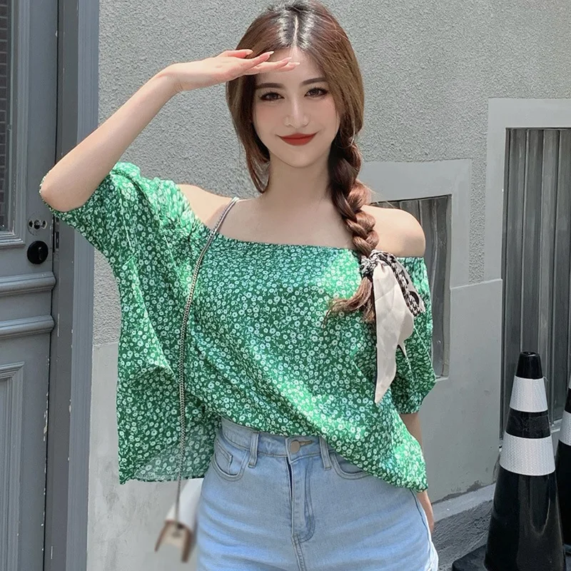 

Women Floral Slash Neck Sweet Chiffon Blouses Summer Short Sleeve Shirt Female Blouses
