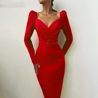 elegant party women dress slim v neck long sleeve mid calf pencil dress 2020 casual office lady solid red puff sleeve