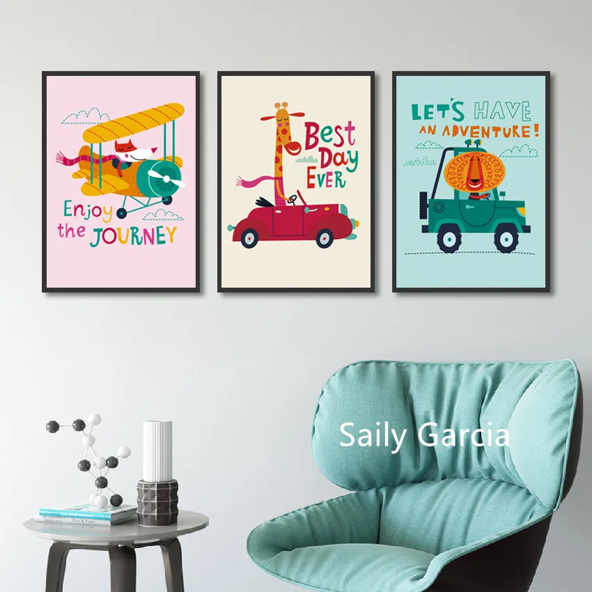 Мультфильм лиса Жираф Лев Вождение наслаждаться жизнью стены искусства холст