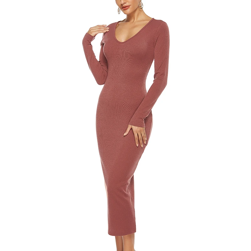 

Vicabo Woman Dress Sheath Solid Color Long Sleeve Dresses Autumn Grey Female Fahsion V Neck Party Vestidos Ladies Knit Robe