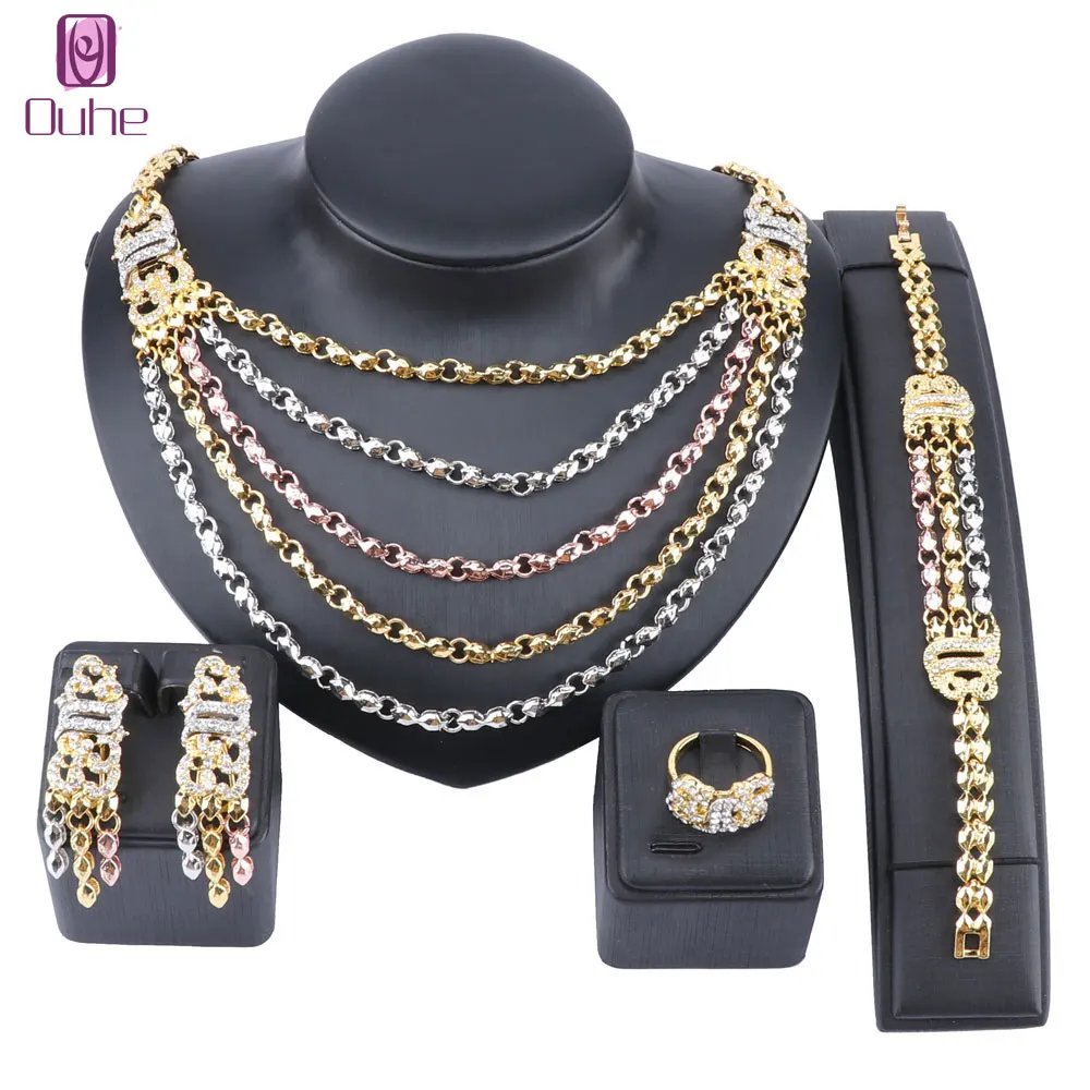 Charm Dubai Gold Color Crystal Jewelry Sets For Women Multi-layer Necklace Earrings Bangle Rings Party Dress Accessories | Украшения и