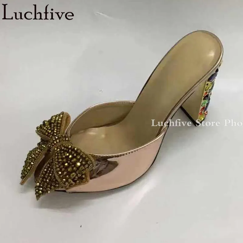 Женские шлепанцы со стразами и бантом женские на каблуке пикантная женская обувь