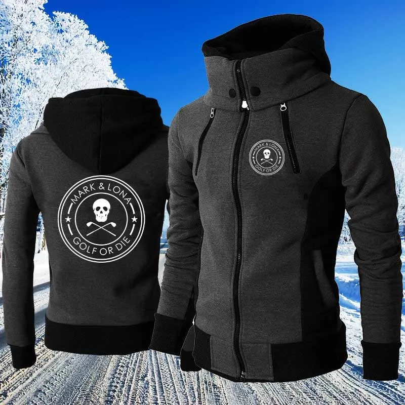 

2021 New Men's Autumn and Winter Skeleton Lona Printed Jacket Warm and Windproof Double Zipper Men Hooded Design Turtleneck Coat