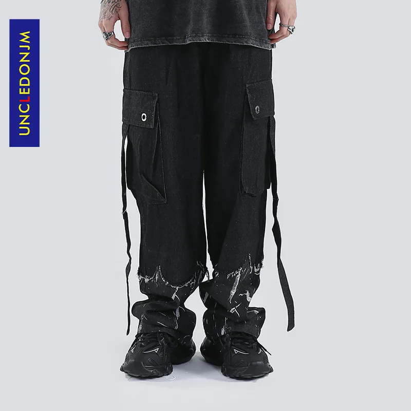 

Джинсы UNCLEDONJM с лентами в стиле хип-хоп, антикварные свободные прямые мужские повседневные джинсовые брюки, джинсы с бахромой, мужские джинс...
