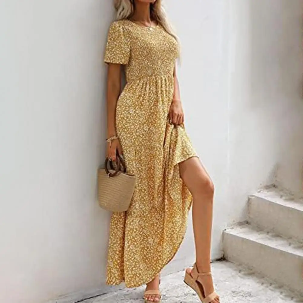 

Sexy Short Sleeve Maxi Dress Print High Waist O Neck Women Dress Dresses Summer Boho Elegant Party Beach Holiday Sundress 2021
