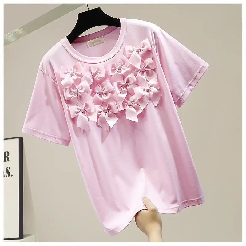 

Solid Three-dimensional Bow Patchwork Sweet O Neck Short-sleeved T-shirt 2021 New Design Casual Tops