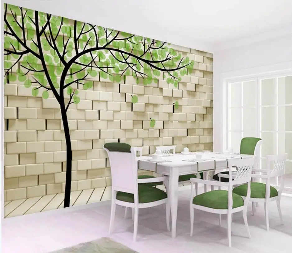 Fresh green wallpapers hand painted big tree brick wall 3D tv background beautiful scenery | Обустройство дома