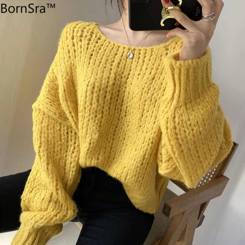 

Bornsra 2020 New Elegant Knitted Solid Hollow Loose Women Sweater Warm Long Sleeves Hot Casual Autumn Winter Pullover Tops