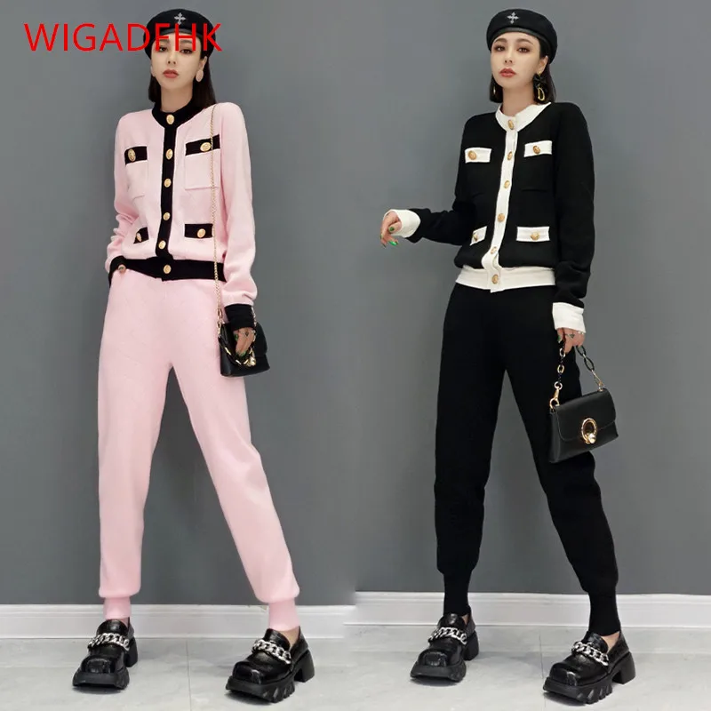 

WIGADFHK 2022 осень и зима новый модный костюм в западном стиле вязаный свитер кардиган повседневные брюки костюм из двух частей