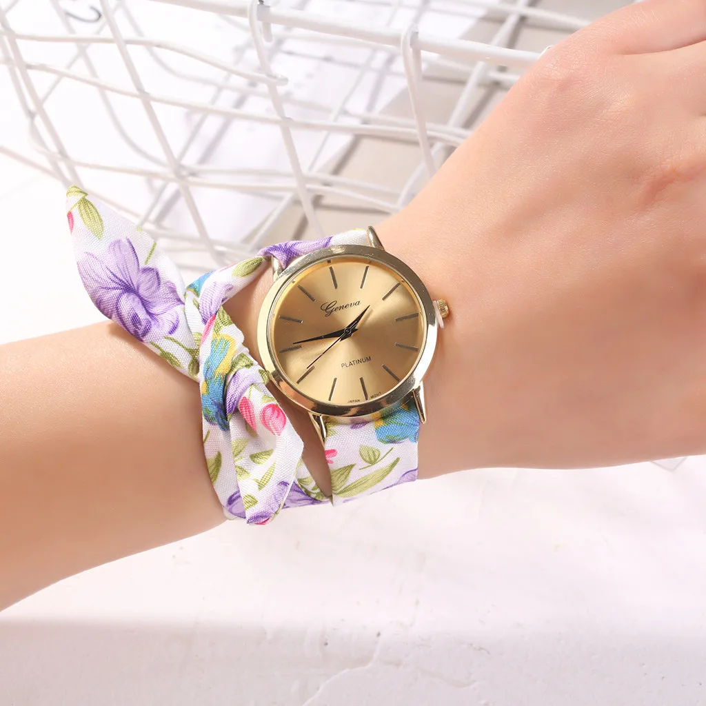 Мода цветок ткань дизайн для женщин часы Сладкая девушка браслет дамы платье