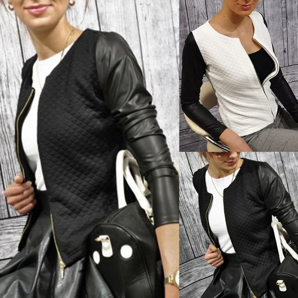 Модная женская куртка из искусственной кожи в стиле пэчворк с длинным рукавом