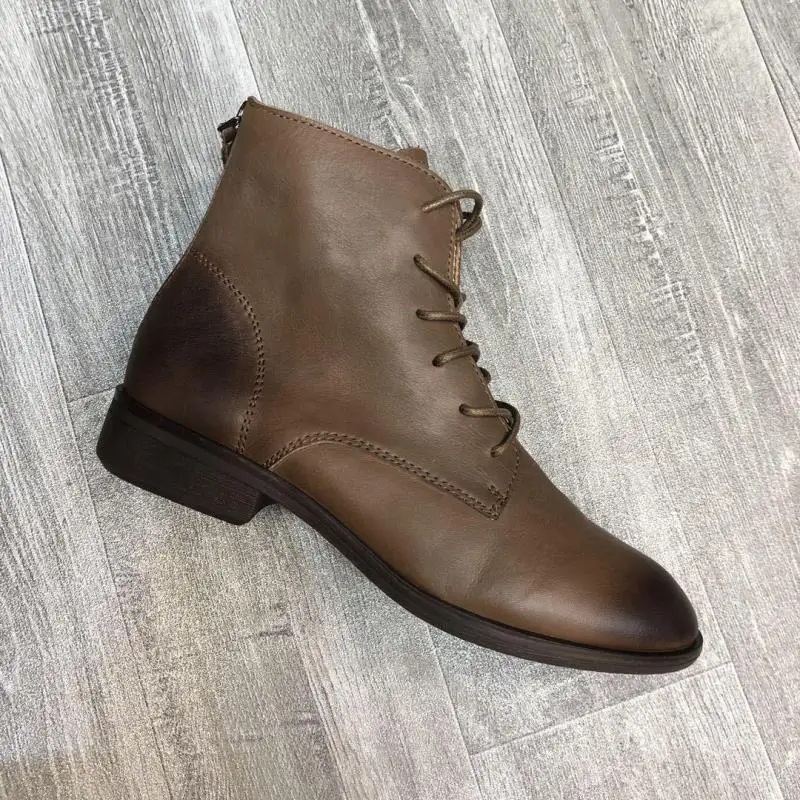 

Johnature 2021 New Shoes Women Boots Genuine Leather Lace-Up Flat With Round Toe Sewing Handmade Concise Leisure Platform Boots