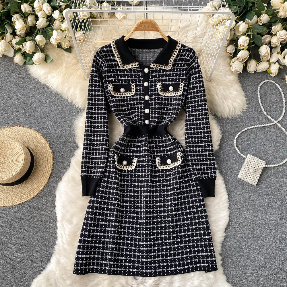 

Vintage Plaid Knitted Dress Women Elegant Turn down Collar Long Sleeve Autumn Winter Slim A Line Casual Mini Short Sweater Dress