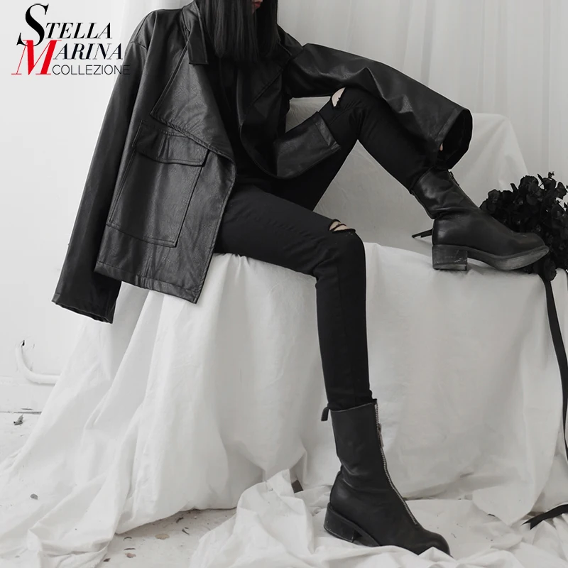 Новинка 2019 женская черная куртка из искусственной кожи с длинным рукавом пальто