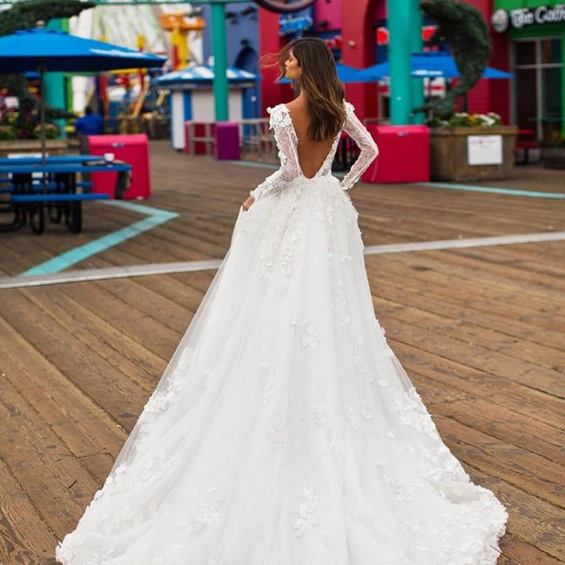 

Роскошное Свадебное платье, элегантное многослойное белое кружевное платье с V-образным вырезом, бусинами и кристаллами в виде листьев лото...