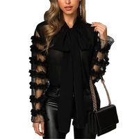 women elegant fashion black patchwork sheer shirt female top casual brief sheer mesh long sleeve blouse