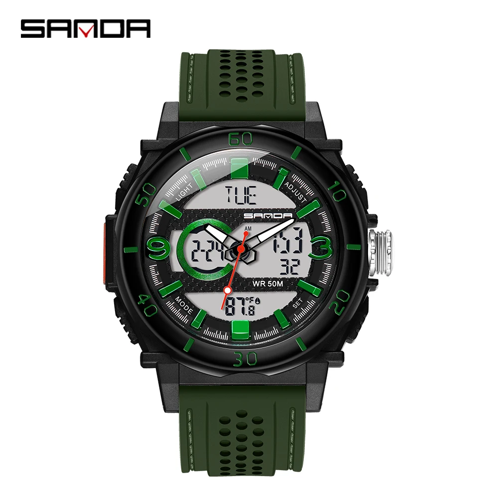 green SANDA мужские часы люксовый бренд термометр военные кварцевые цифровые часы спортивные уличные мужские S Shock двойной дисплей часы - Цвет: green