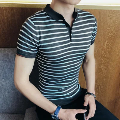 Новинка 2020 красивая полосатая рубашка поло с коротким рукавом мужская
