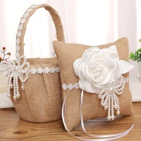 flax country simple style wedding basket square ring pillow wedding ring pillow flower basket cushion decor for wedding