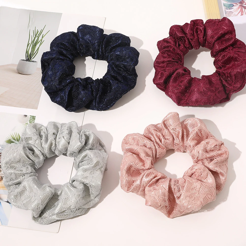 

1PC Solid Color Scrunchies Elastic Hair Bands 2021 New Women Ponytail Holder Hair Ties Rope Embroidered Layered Lace Scrunchies