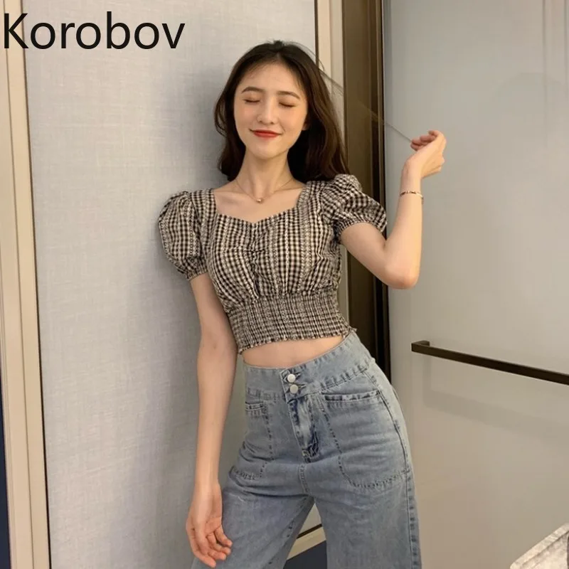 Корейская шикарная клетчатая полосатая Лоскутная Короткая Блузка Korobov Женская