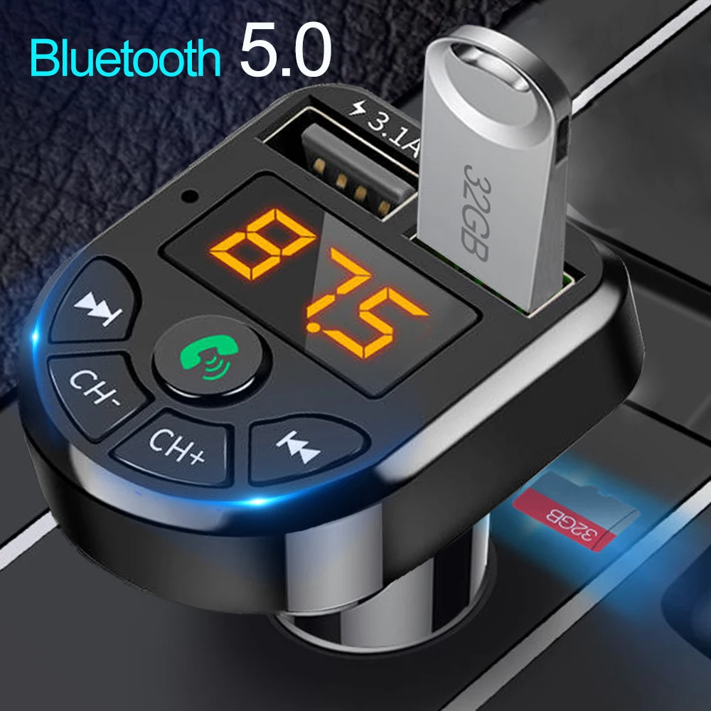 

JINSERTA Bluetooth 5.0 FM Transmitter Car Kit MP3 Modulator Player Wireless Handsfree Audio Receiver Dual USB Fast Charger 3.1A