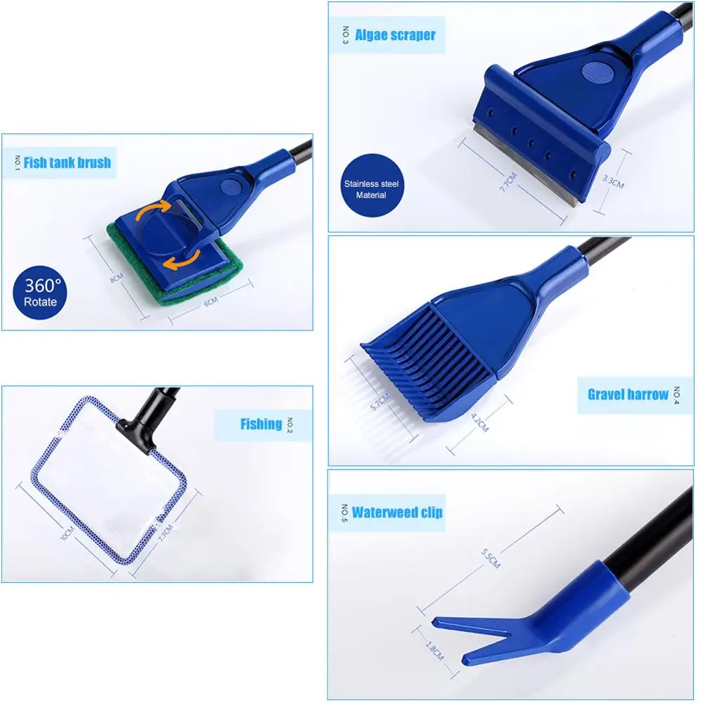 

5 in 1 Aquarium Cleaning Tools Aquarium Tank Set Clean Fishnet Gravel Rake Algae Scraper Fork Sponge Glass Cleaner