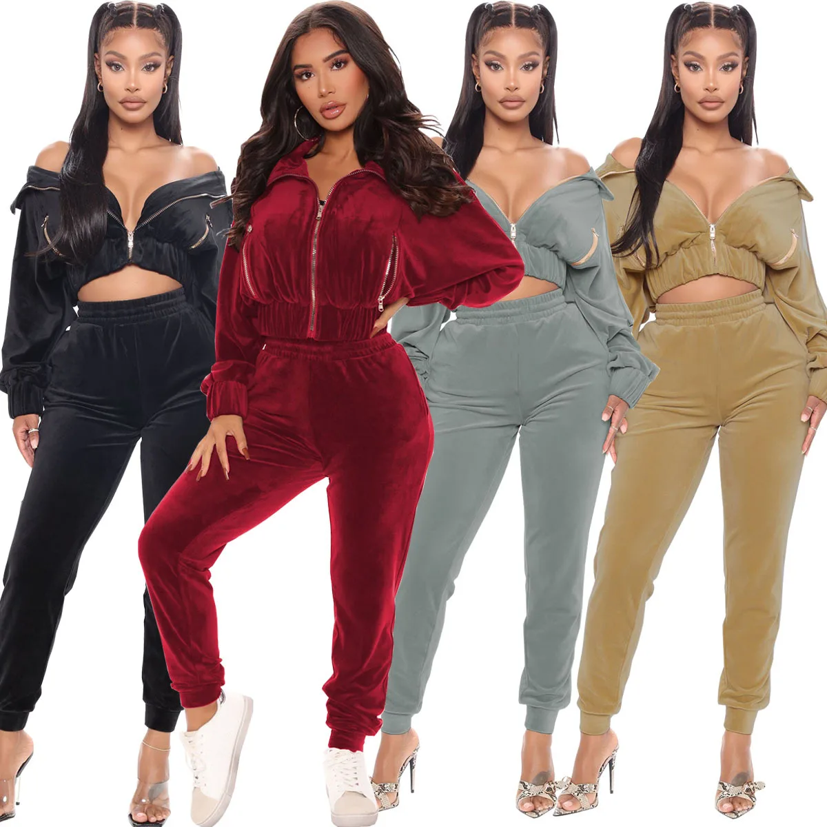 

5WY6844 Autumn Women Casual Fashion Sexy Solid Color Bat Sleeve Pants Suit Top with Zipper Pocket Hot