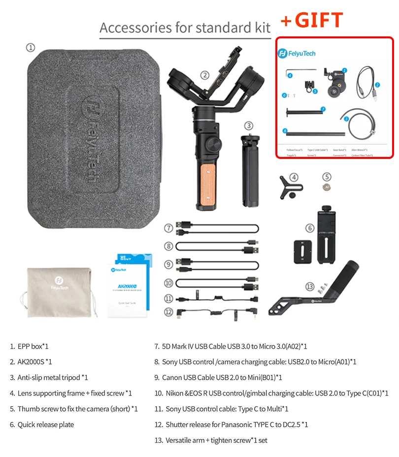 AK200S GIFT FeiyuTech AK2000S AK4000 3-осевой Камера стабилизатор Handhel Gimbal для sony Canon 5D Panasonic GH5 Nikon 2,8 кг., 4 дюйма кг грузоподъемность для мобильного телефона - Комплект: AK200S GIFT