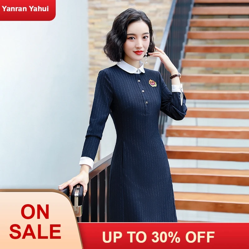 Новое осеннее платье в полоску с кукольным воротником профессиональное женское