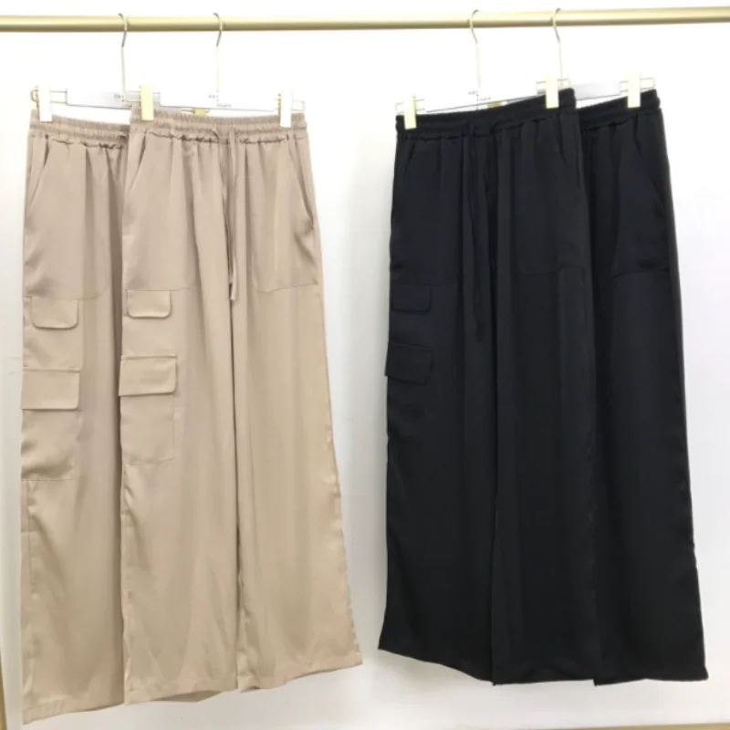 

Satin cool pants women's summer thin high-waisted loose straight wide-leg casual pants female Black trousers with pockets new
