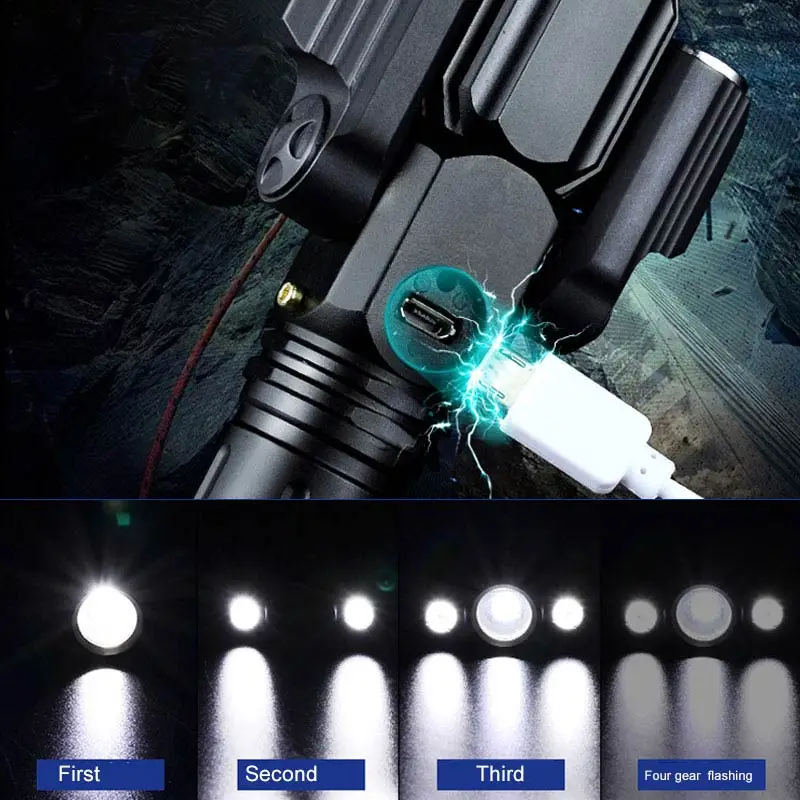 Strong Light Flashlight with 2 Rotating Auxiliary Lights Adjustable Focus Multi-function Flashlights for Fishing Hiking Camping | Освещение