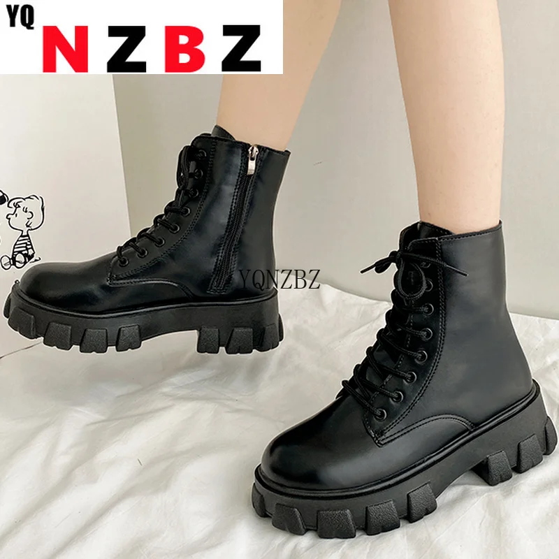 

Women's Motorcycle Martin Boots 2021Autumn New Fashtion High Heel Platform PU Leather Lace Up Zipper Women's Casual Ankle Boots