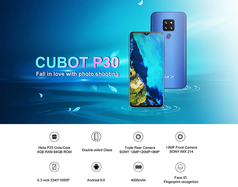 Смартфон Cubot P30 6," экран капли воды FHD+ 2340x1080p 4 Гб RAM+ 64 ГБ ROM Памяти Android 9,0 Pie Система Helio P23 Телефон SONY AI задние тройные камеры Поддержка Распознавания лица 4000 мАч Батарея 4G LTE Сети
