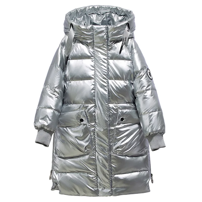 

2021 Winter new children's down jacket Girls fashion red waterproof thick coat Boys silver warm long coat Large pockets Hooded